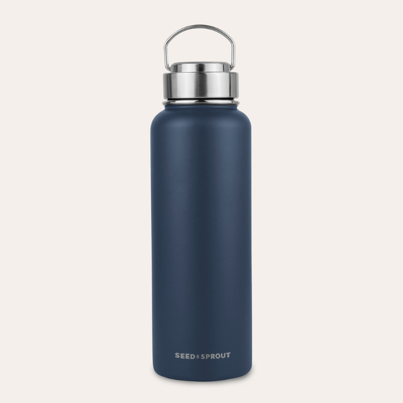 dark blue wide mouth double wall flask for travel, home or office