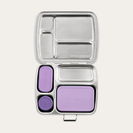 Stainless steel CrunchBox lunch box in Plum, open top-down view showing four compartments and three leakproof pots with Plum silicone lids.