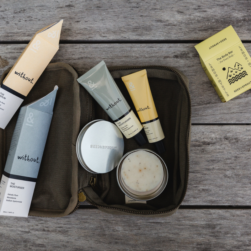 All natural skincare set in a GOTS certified  toiletry bag