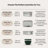 Lunch box comparison chart: Stainless Steel Lunch Box, 1960ml, 19 x 14 x 9.2cm, two compartments with leakproof lid, suits sandwiches, meals and snacks; Bento Box, 670ml, 24 x 15.5 x 4.5cm, two compartments, leak resistant, suits meals, snacks and breakfasts; Stainless Steel Lunch Box, 1200ml, 19 x 14 x 6.5cm, one compartment with leakproof lid, suits sandwiches, salads and meals; Glass Lunch Bowl, 1000ml, 14cm diameter x 10.5cm high, microwave safe, 100% leakproof, suits meals, salads and soups