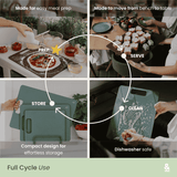 Wood Fibre Chopping Board Trio infographic showing four stages of use: Prep — used for meal preparation such as making pizza dough; Serve — carried from bench to table with food arranged on top; Clean — rinsed under water, dishwasher safe; Store — three boards stacked compactly together.