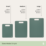 Size guide for the Wood Fibre Chopping Board Trio. Small: 30cm L × 23.5cm W × 0.6cm D. Medium: 37cm L × 27.5cm W × 0.6cm D. Large: 44cm L × 32.5cm W × 0.6cm D.