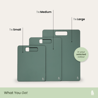 Wood Fibre Chopping Board Trio set contents: one Small, one Medium, and one Large board, each labelled, shown in your selected colour.