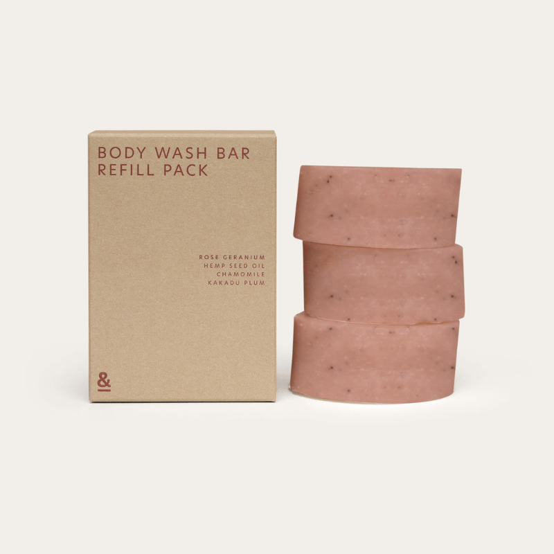 the 3 piece refill pack of the rose body bar that contains hemp seed oil, chamomile and kakadu plum