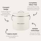 6.9L compost bin in Mushroom and its features: a compact design sized for the benchtop but large enough for a family, a charcoal filter that traps odours, a sleek style, and multiple colourways.