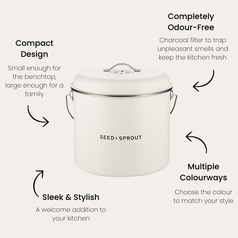 6.9L compost bin in Mushroom and its features: a compact design sized for the benchtop but large enough for a family, a charcoal filter that traps odours, a sleek style, and multiple colourways.