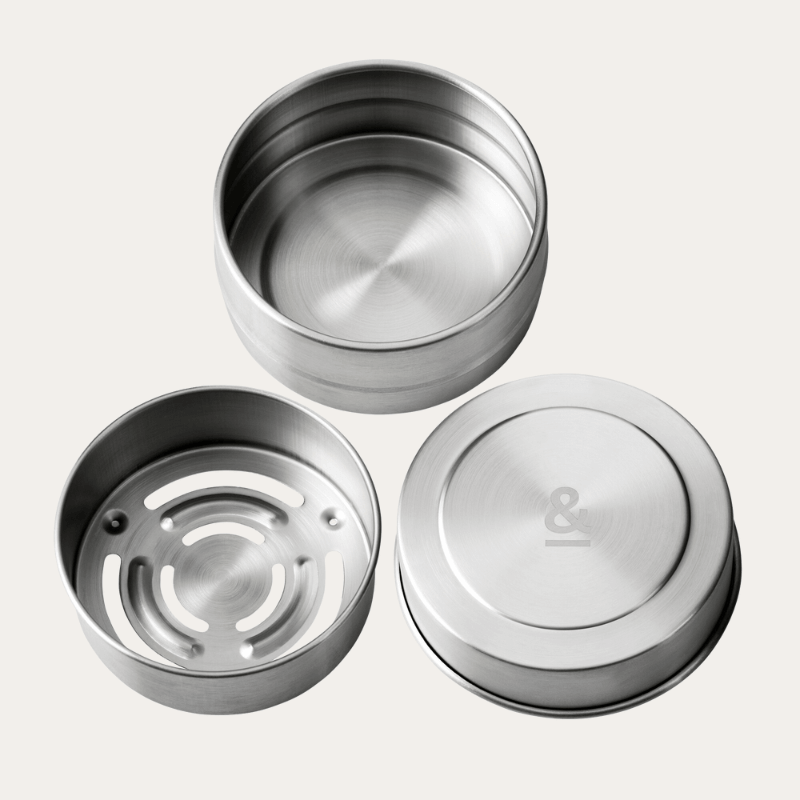 the three pieces of the Stainless Steel Storage tins - a base, a lid and the internal draining tray