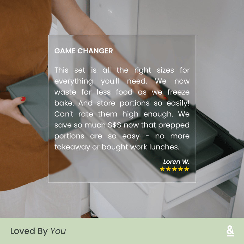 Customer review graphic with a five-star testimonial from Loren W. calling the Freezer Trays a 'game changer' for reducing food waste and saving money on takeaway, with a lifestyle photo of someone placing a lidded tray into a freezer drawer in the background
