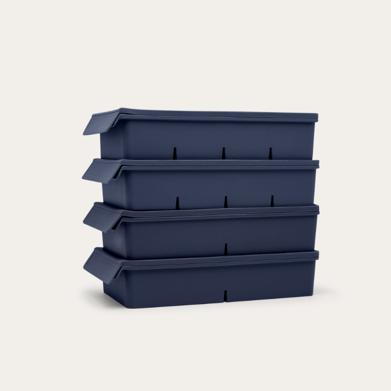 Blueberry blue silicone meal prep freezer tray set, stacked in four layers with lids - 2 x 2 Portions Trays and 2 x 4 Portions Trays 