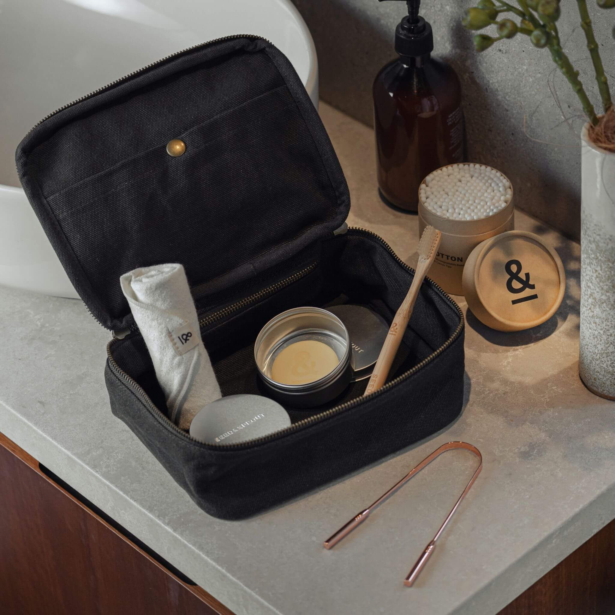 a toiletry bag full of personal care items