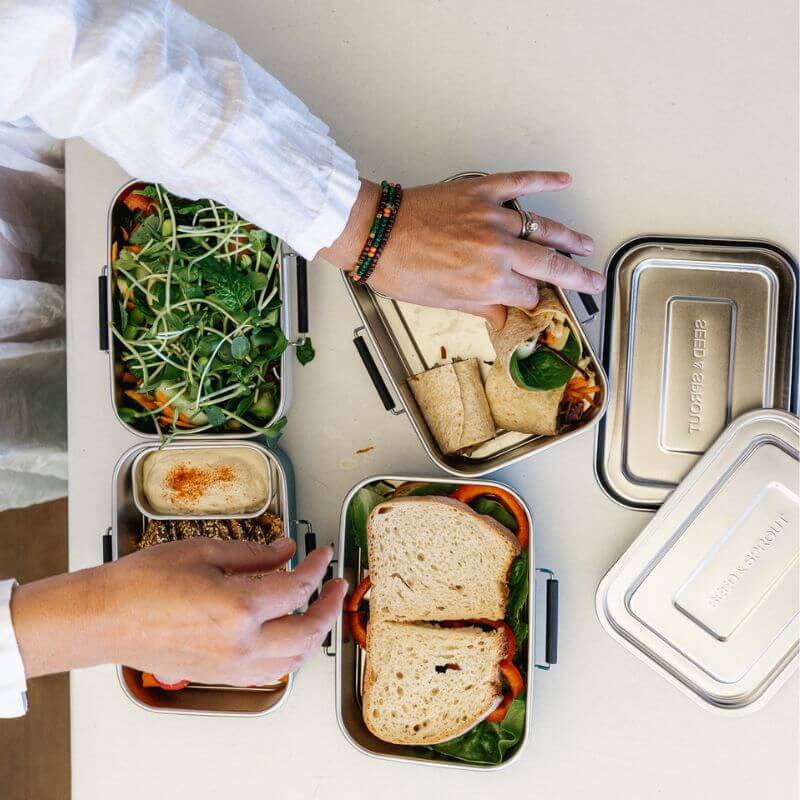 sandwich container with sandwiches inside
