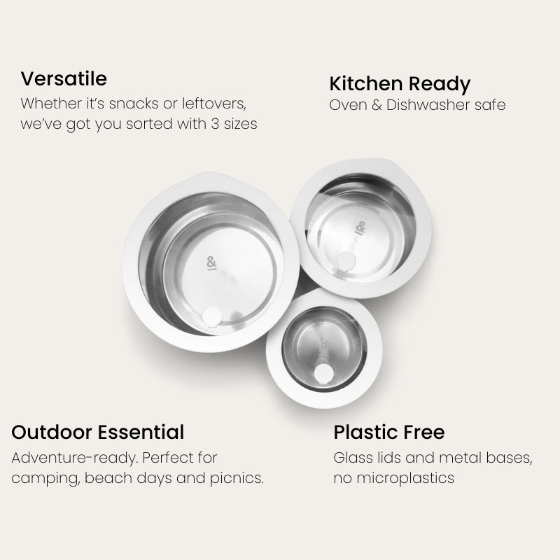 Stainless Steel and Glass Food Containers | Round Mixed 3pk
