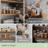 Tallow Rectangle glass pantry containers shown across five feature callouts: organised on a pantry shelf, contents clearly visible through clear glass, arranged in a plastic-free pantry setting, being filled to show freshness retention, and stacked on shelves to demonstrate space-saving storage.