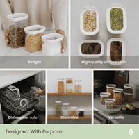Tallow Rectangle glass pantry containers shown across six feature callouts: airtight seal demonstrated with filled jars, high-quality silicone seals shown close-up on open lids, dishwasher-safe loading into a dishwasher rack, stackable design on a pantry shelf, and versatile use shown with multiple containers on a kitchen counter.